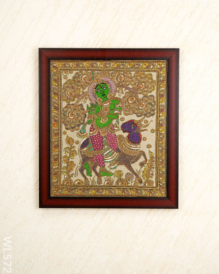 Kalamkari Semi Silk Artwork - Krishna with Cow - WL5728 - Frames