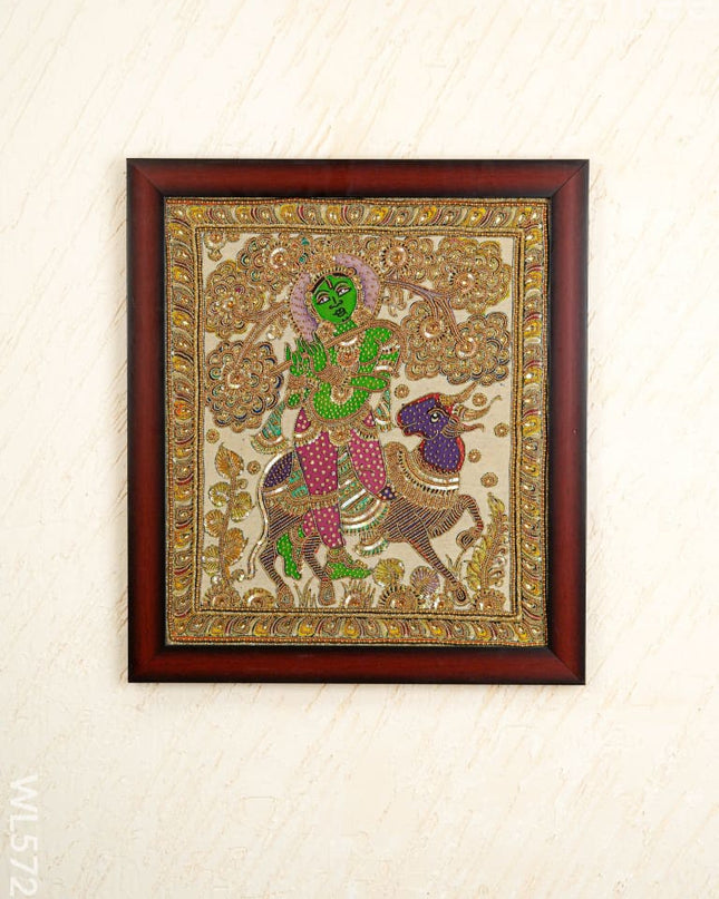 Kalamkari Semi Silk Artwork - Krishna with Cow - WL5728 - Frames