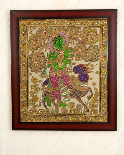Kalamkari Semi Silk Artwork - Krishna with Cow - WL5728 - Frames