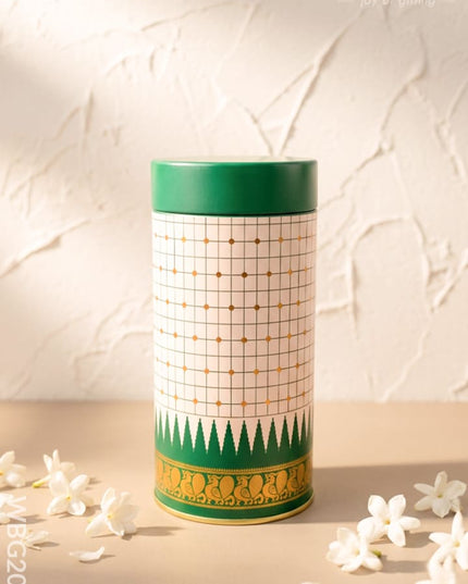 Kanjivaram Temple Border with Checks Tin Jar - 6 inch - WBG2077 - Tin Jars & Boxes RG