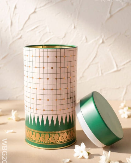Kanjivaram Temple Border with Checks Tin Jar - 6 inch - WBG2077 - Tin Jars & Boxes RG
