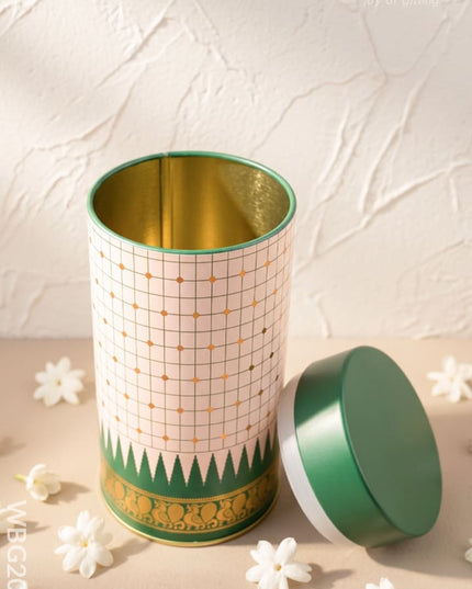 Kanjivaram Temple Border with Checks Tin Jar - 6 inch - WBG2077 - Tin Jars & Boxes RG