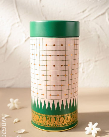 Kanjivaram Temple Border with Checks Tin Jar - 6 inch - WBG2077 - Tin Jars & Boxes RG