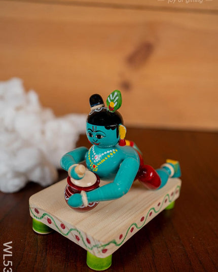 Kondapalli - Crawling Krishna with Butter Pot - 6 inch - WL5397 - Wooden Decor
