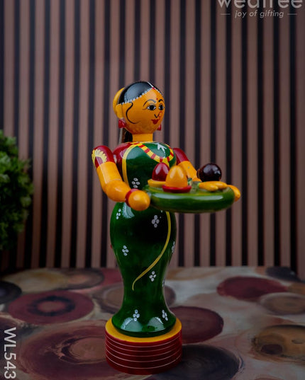 Kondapalli - Welcome Lady with Thambulam - 9 inch - WL5433 - Wooden Decor