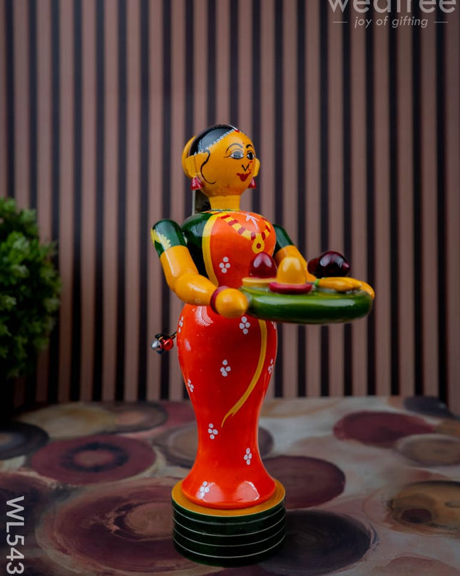 Kondapalli - Welcome Lady with Thambulam - 9 inch - WL5433 - Wooden Decor
