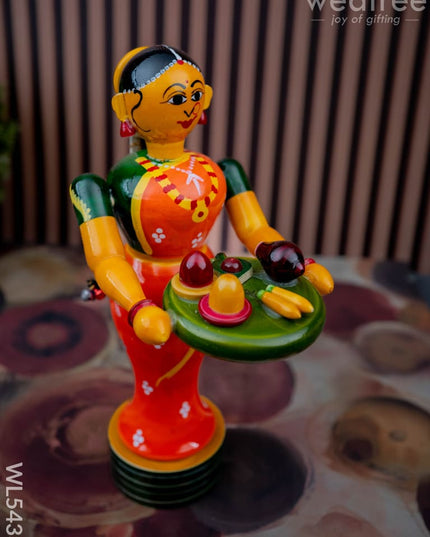 Kondapalli - Welcome Lady with Thambulam - 9 inch - WL5433 - Wooden Decor