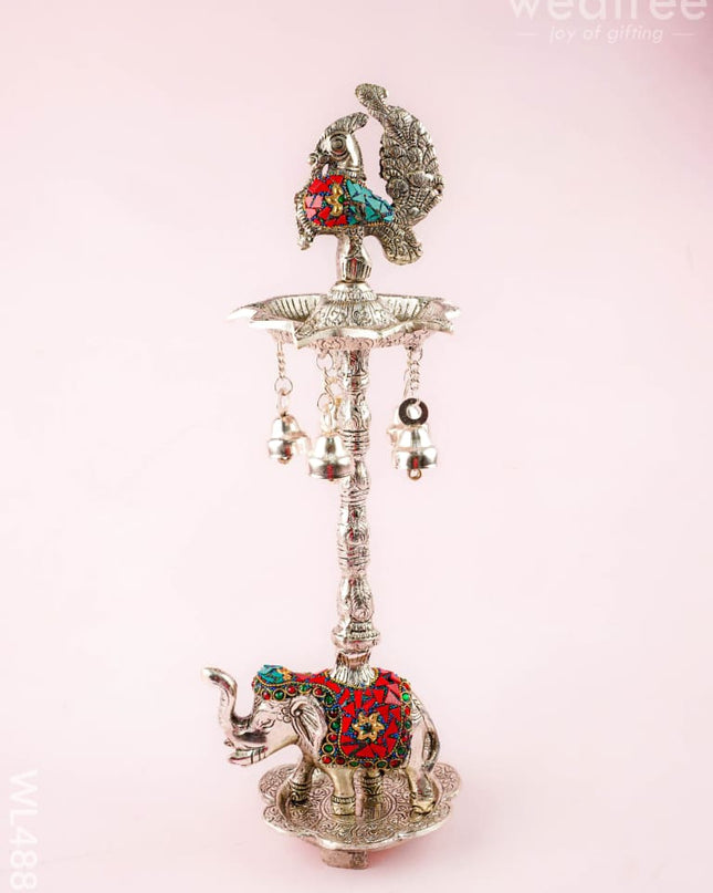 Kuthu Vilaku with Annapakshi & Elephant - 18 inch - WL4883 - White Metal