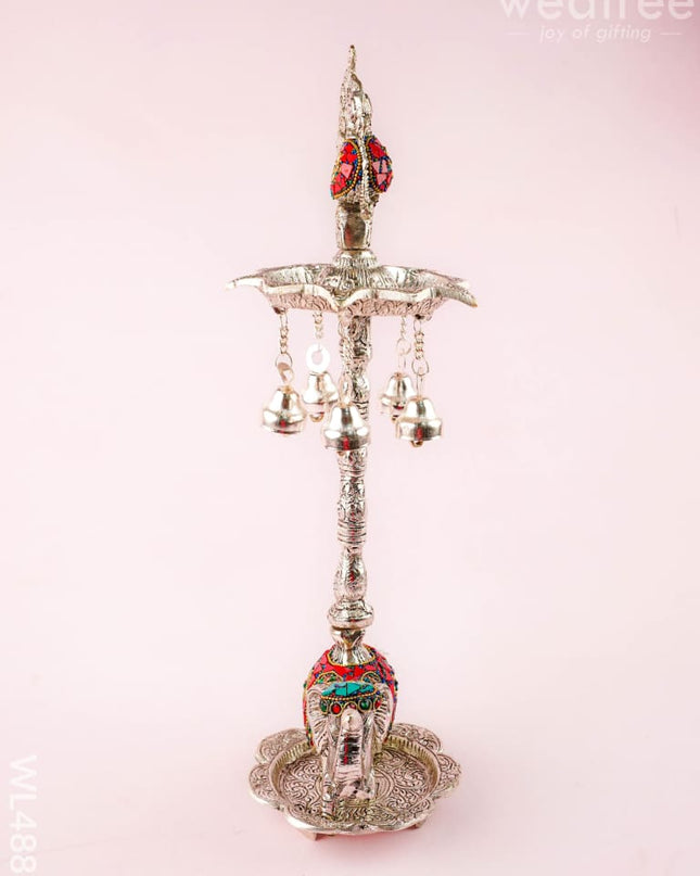 Kuthu Vilaku with Annapakshi & Elephant - 18 inch - WL4883 - White Metal