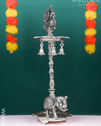 White Metal Kuthu Vilaku with Annapakshi & Elephant - WL4882 White Metal