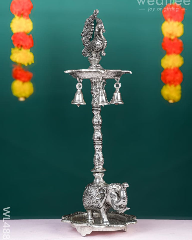 White Metal Kuthu Vilaku with Annapakshi & Elephant - WL4882 White Metal
