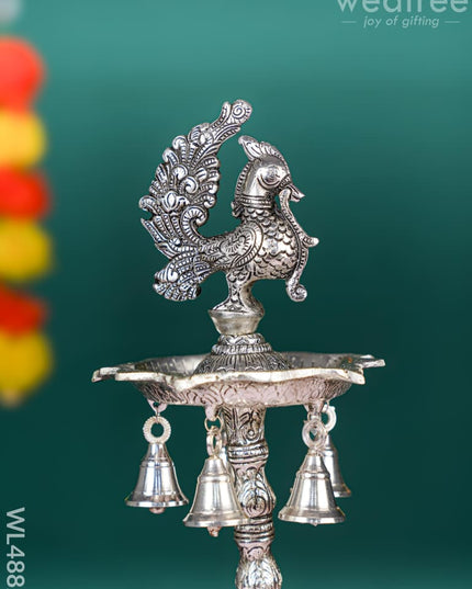 White Metal Kuthu Vilaku with Annapakshi & Elephant - WL4882 White Metal