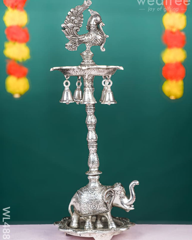 White Metal Kuthu Vilaku with Annapakshi & Elephant - WL4882 White Metal