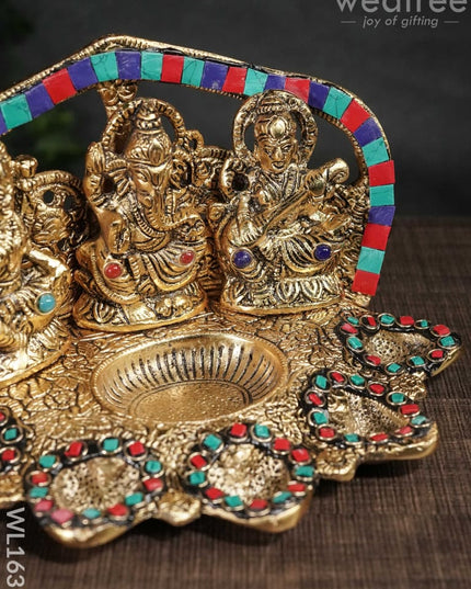 White Metal Lakshmi Ganesh Saraswathi Five Face Diya With Stone Work - Wl1635