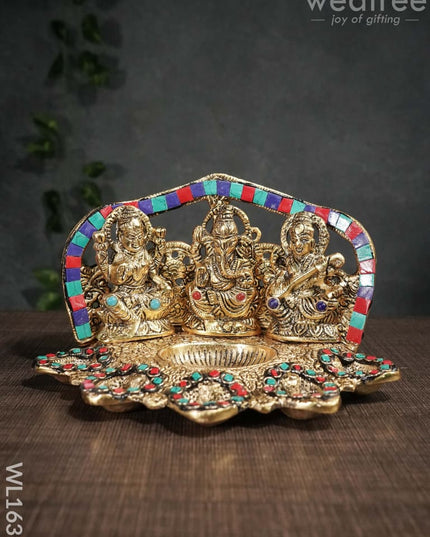 White Metal Lakshmi Ganesh Saraswathi Five Face Diya With Stone Work - Wl1635