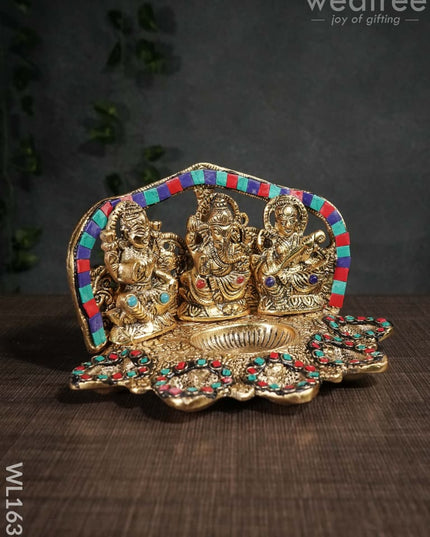 White Metal Lakshmi Ganesh Saraswathi Five Face Diya With Stone Work - Wl1635