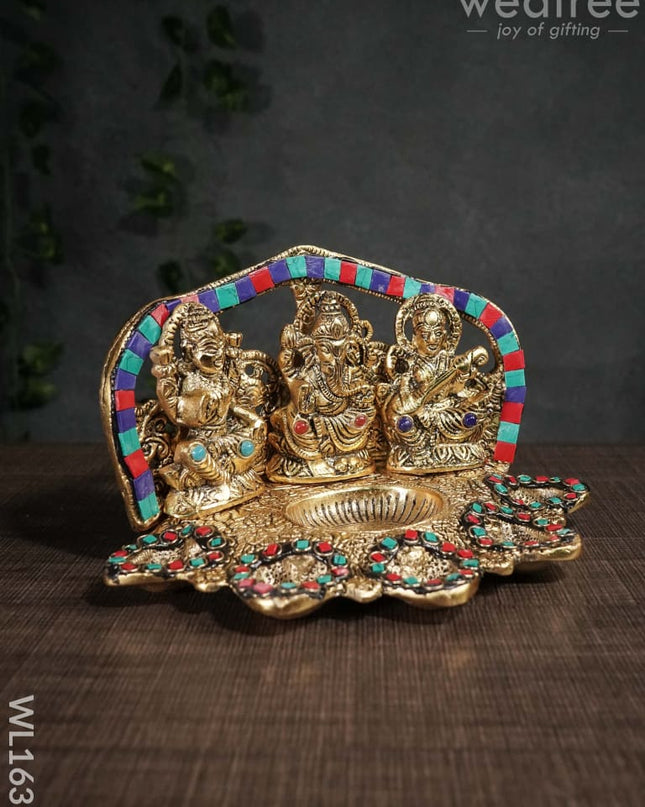 White Metal Lakshmi Ganesh Saraswathi Five Face Diya With Stone Work - Wl1635