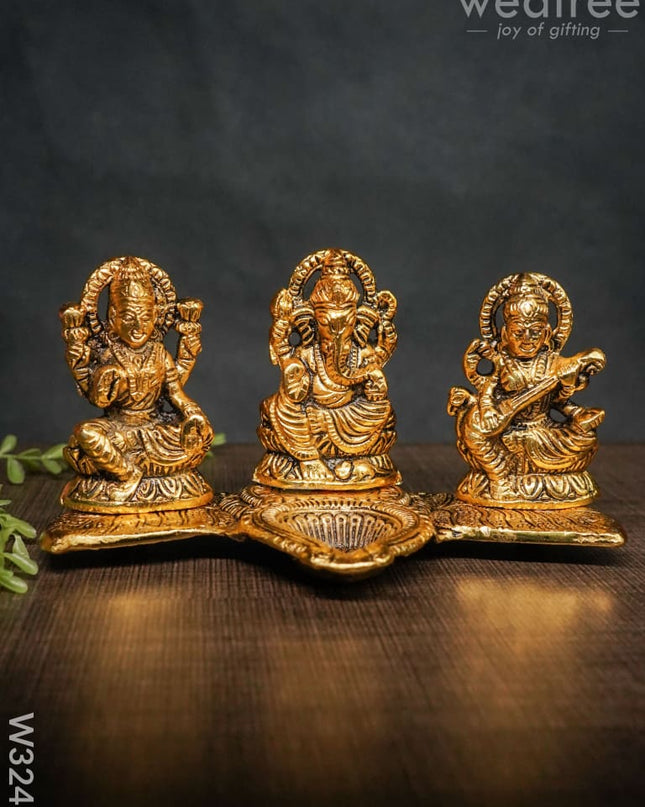 White Metal Lakshmi Ganesha Saraswati Diya - W3241