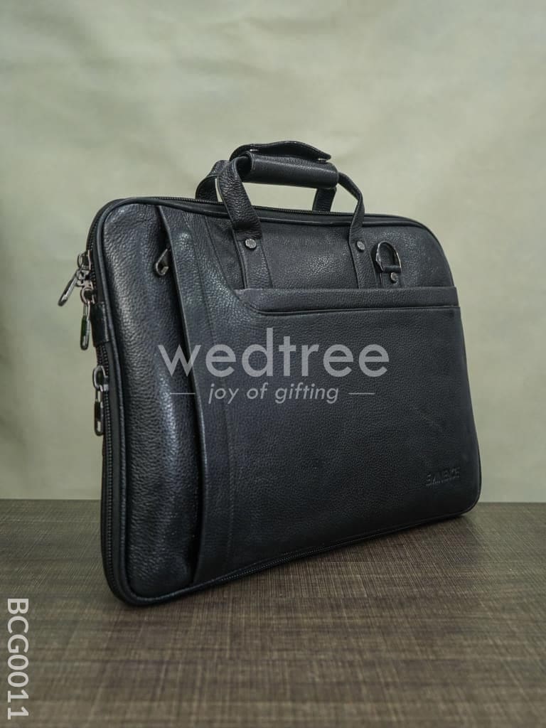 Laptop Bag In Leather With Expandable Sleek -Black - Bcg0011 Branding