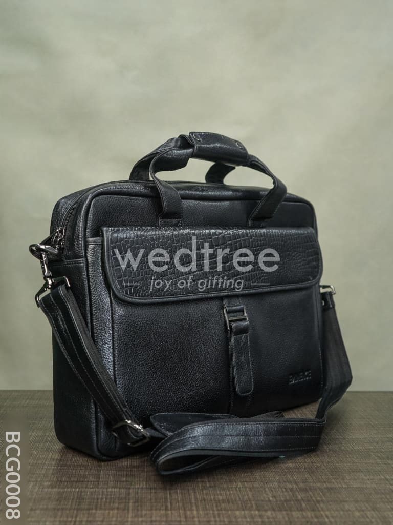 Laptop Bag In Leather With Gold Flap - Black Bcg0008 Branding