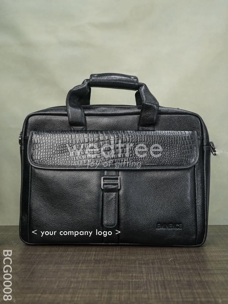 Laptop Bag In Leather With Gold Flap - Black Bcg0008 Branding