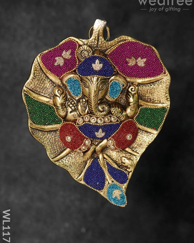 White Metal Leaf Ganesha With Colourful Beads - Large Wl1177
