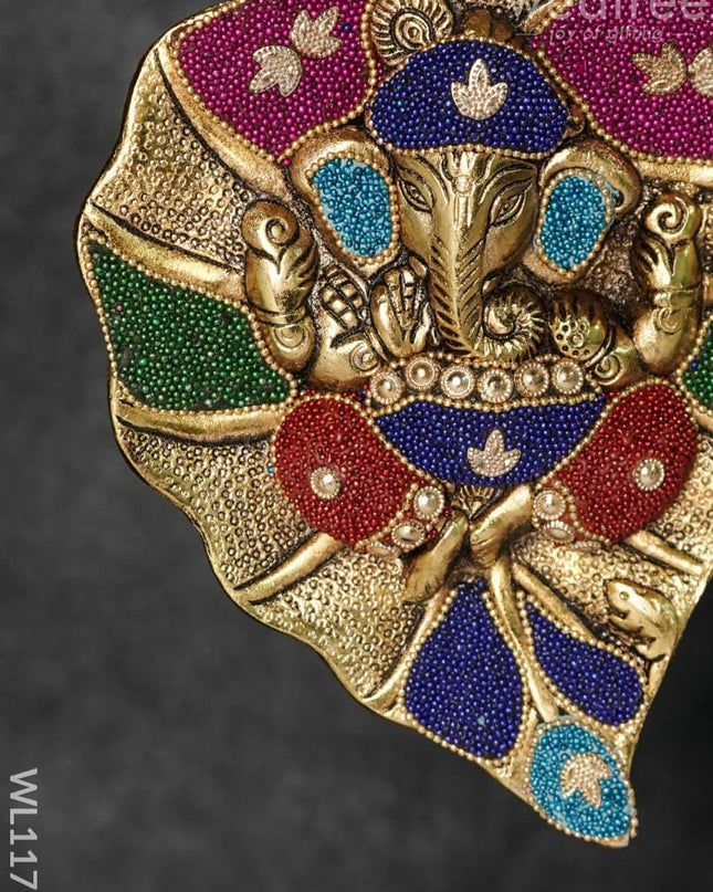 White Metal Leaf Ganesha With Colourful Beads - Large Wl1177
