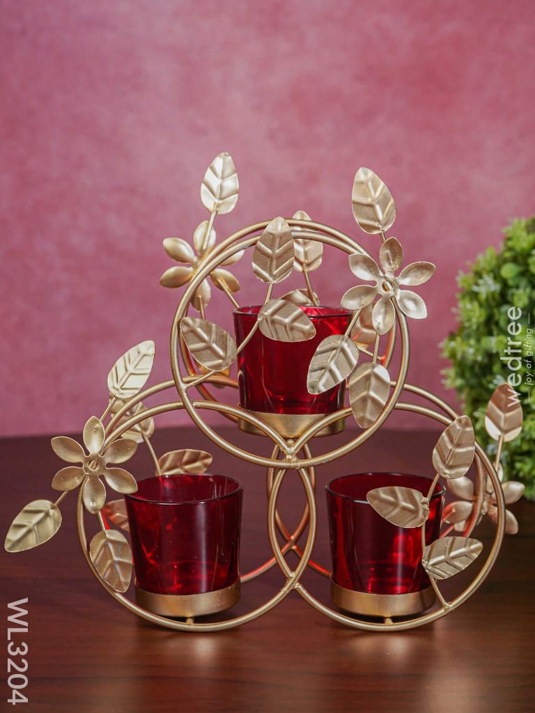 Leaves & Flowers Metal T Light Holder With A Radiating Red Glass - Wl3204 Candles And Votives