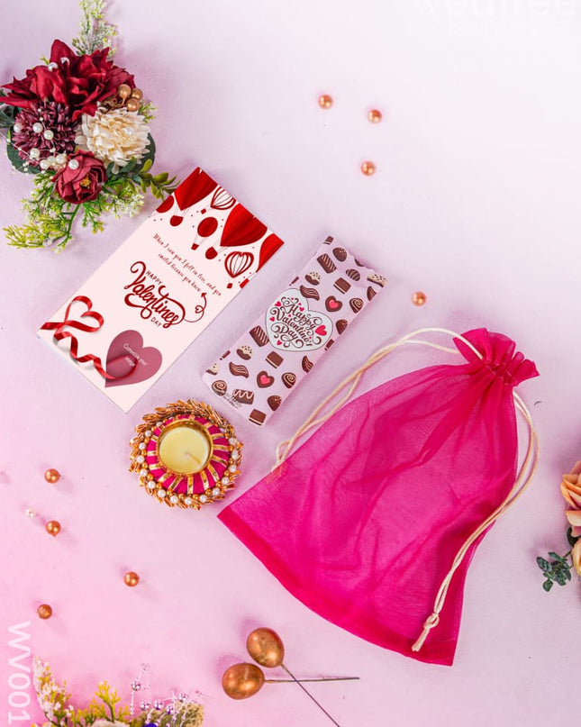 Love Bundle With String Bag T-Light Holder Chocolate And Card - Wv0018 Hampers