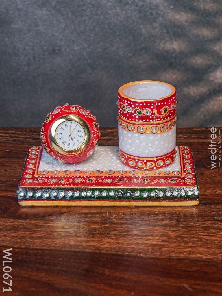 Marble Hand Painted Pen Stand With Clock 1 Decor