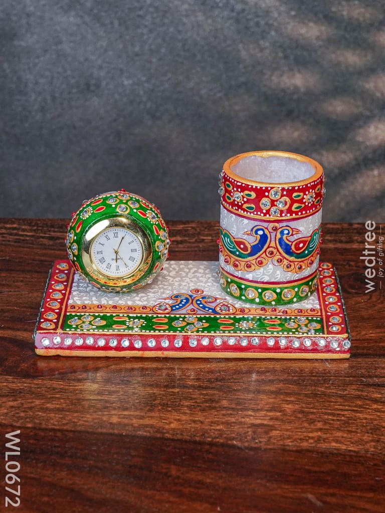 Marble Hand Painted Pen Stand With Clock 2 Decor