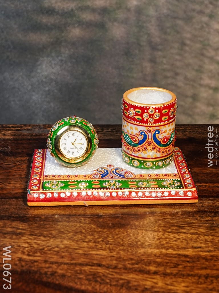 Marble Hand Painted Pen Stand With Clock 3 Decor