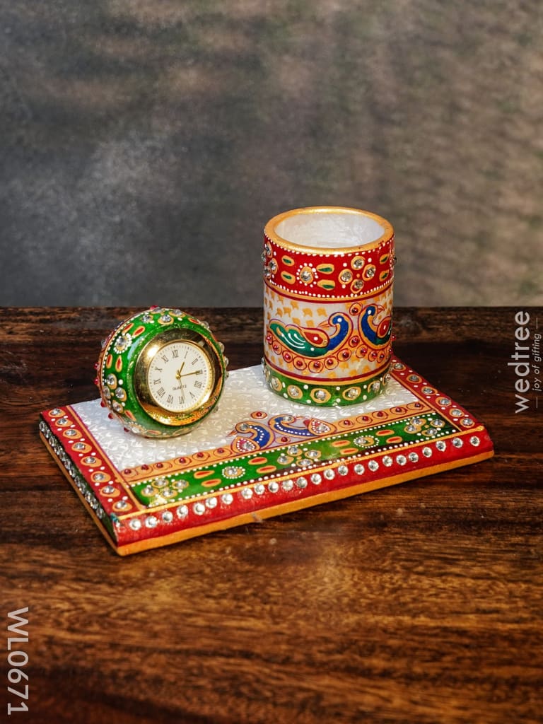 Marble Hand Painted Pen Stand With Clock Decor
