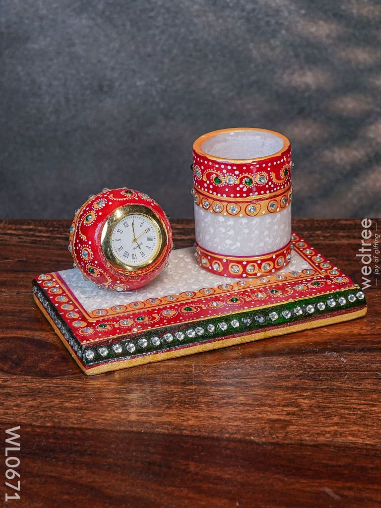 Marble Hand Painted Pen Stand With Clock Decor