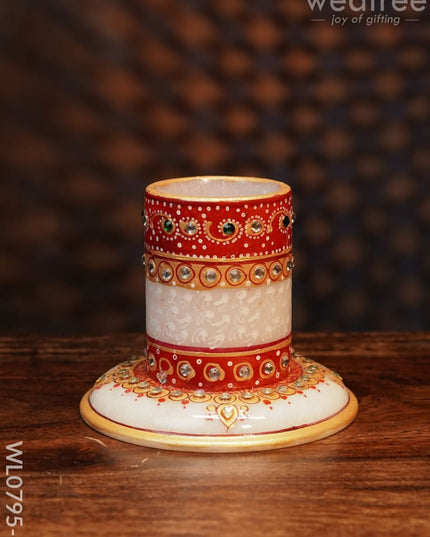 Marble Hand Painted Pen Stand With Round Base - Wl0795 White And Red Utilities