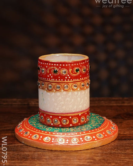 Marble Hand Painted Pen Stand With Round Base - Wl0795 Green And Red Utilities