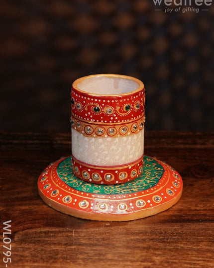 Marble Hand Painted Pen Stand With Round Base - Wl0795 Utilities