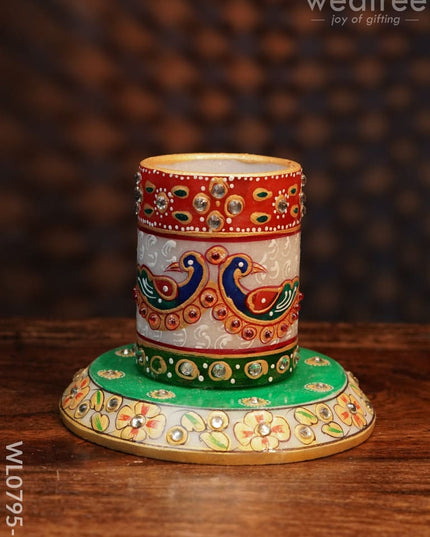 Marble Hand Painted Pen Stand With Round Base - Wl0795 Peacock On The Top Utilities
