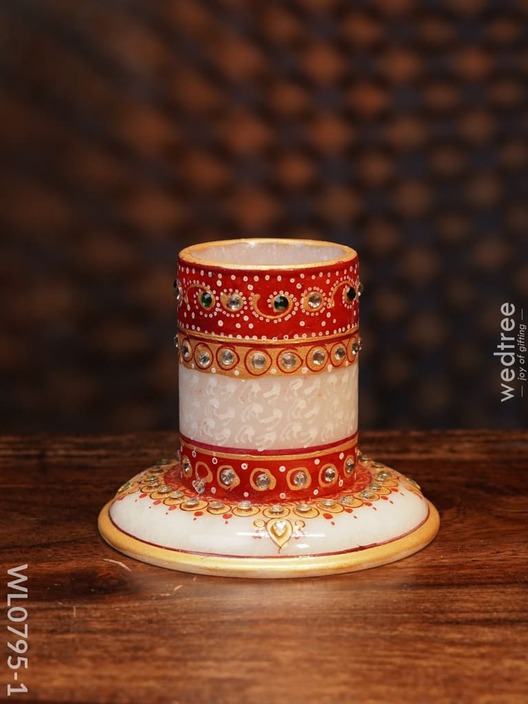 Marble Hand Painted Pen Stand With Round Base - Wl0795 White And Red Utilities