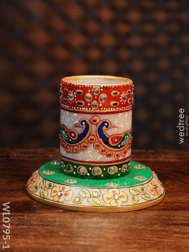 Marble Hand Painted Pen Stand With Round Base - Wl0795 Peacock On The Top Utilities
