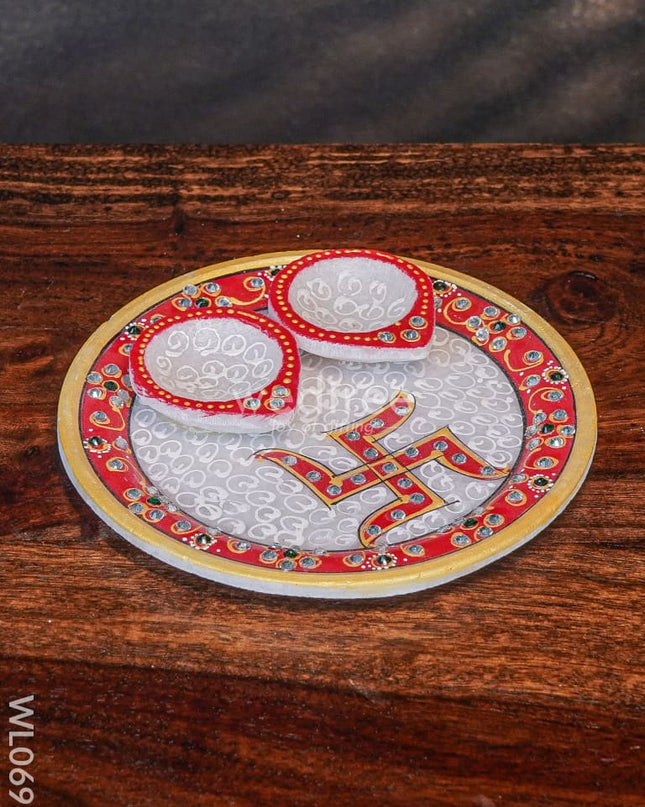 Marble Hand Painted Pooja Thali With Diya - Wl0696 Utilities