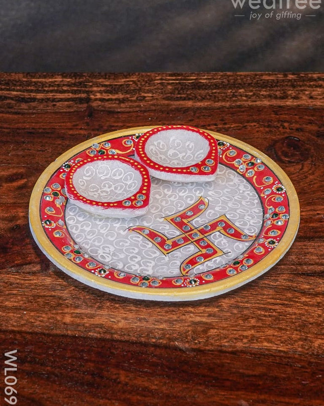 Marble Hand Painted Pooja Thali With Diya - Wl0696 Utilities