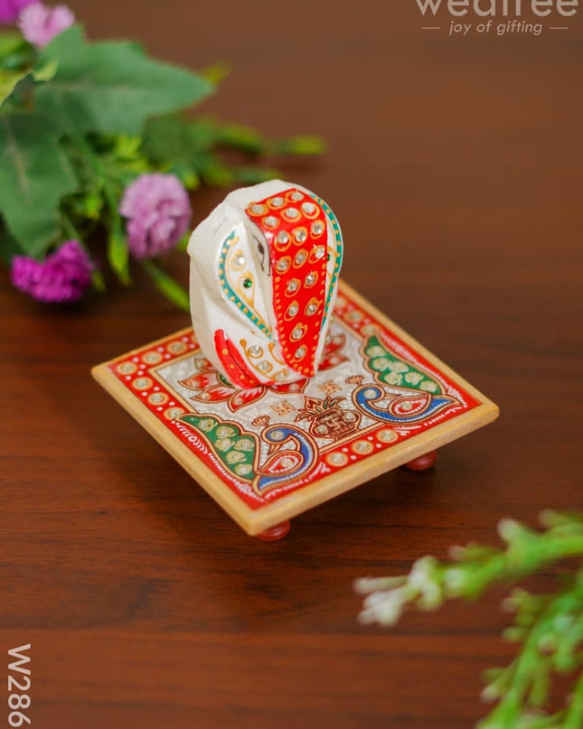 Marble - Hexagon Shaped Chowki With Peacock Design And Ganesh 4 Inch W2860 Divine Figurines