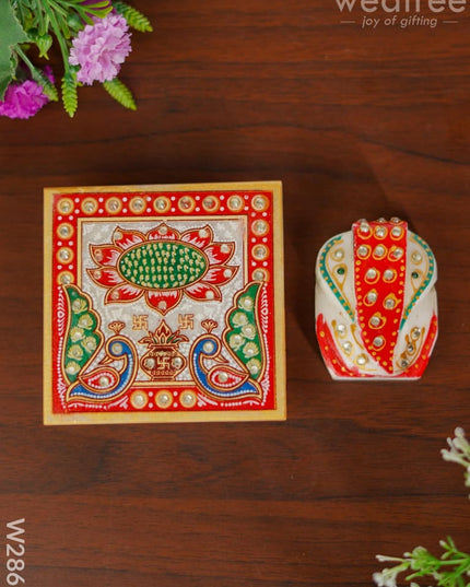Marble - Hexagon Shaped Chowki With Peacock Design And Ganesh 4 Inch W2860 Divine Figurines