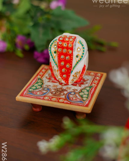 Marble - Hexagon Shaped Chowki With Peacock Design And Ganesh 4 Inch W2860 Divine Figurines