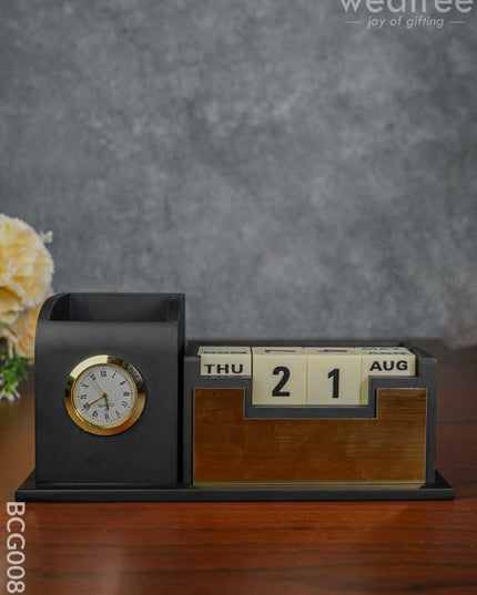 Mdf Pen Stand With Clock & Calender - Bcg0081 Organisers