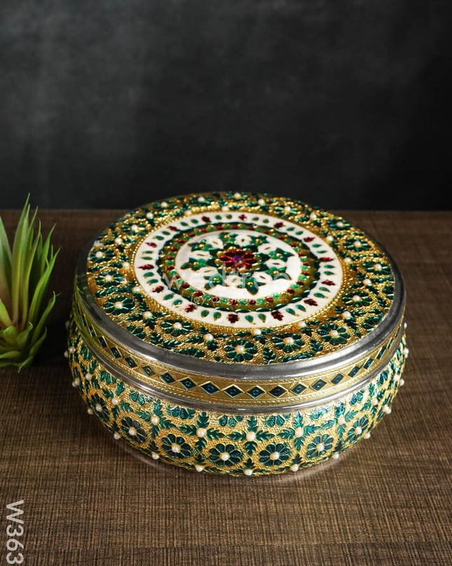 Meenakari Dabba With Stone Work 7Inch - W3637 Containers