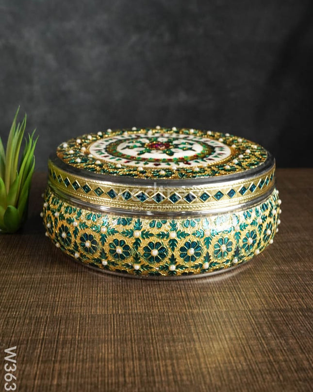 Meenakari Dabba With Stone Work 7Inch - W3637 Containers