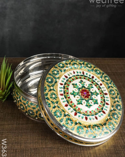 Meenakari Dabba With Stone Work 7Inch - W3637 Containers