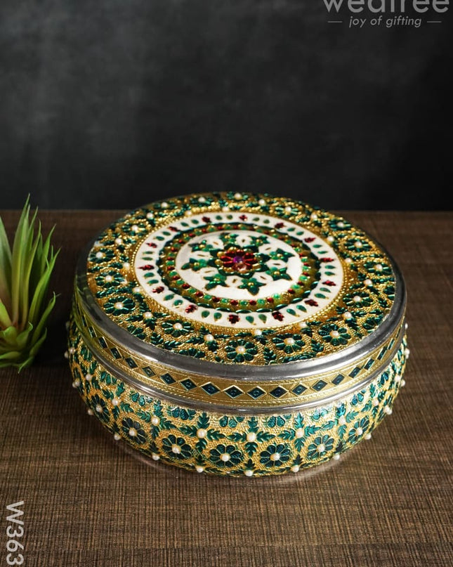 Meenakari Dabba With Stone Work 7Inch - W3637 Containers